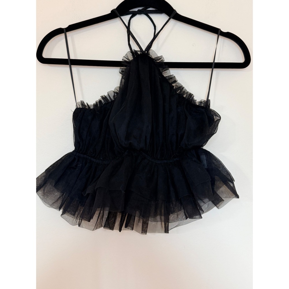 Blue Blush Black Tulle Halter Top Ruffle Tiered Mesh Smocked Crop Top Small